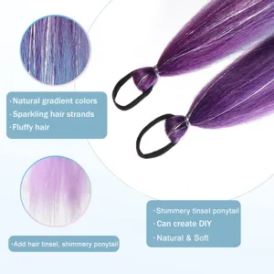 Detailed view of colorful gradient tinsel ponytail hair extension with elastic rubber band.