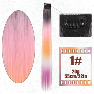 Synthetic gradient hair extension detail, 55cm clip-in colorful rainbow hairpiece.
