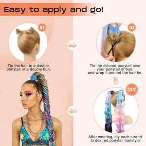 Colorful synthetic hair extension ponytail braid 26 inch DIY festival party hair piece.