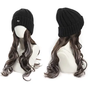 Integrated knit beanie wig with cute fox embroidery and highlighted long wavy hair for winter.