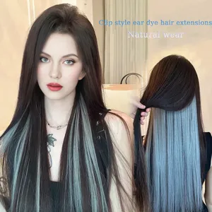 Extensions de cheveux à clip coloration d'oreilles longue mèche raide noir bleu naturel