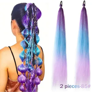 Gradient purple blue bubble ponytail hair extension synthetic braid 2 pieces set details