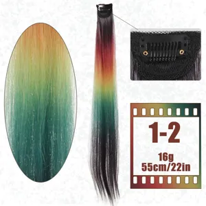 Detail view of rainbow gradient hair extension clip, 55cm long, clip-in design for easy styling.
