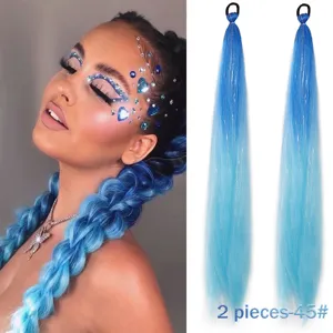 Blue synthetic hair extension ponytail with metallic tinsel, 26 inch braided hair piece for festival.
