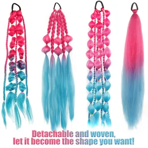 Detailed view of colorful gradient synthetic braided ponytail wigs in pink and blue bubble styles.