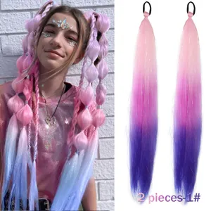 Synthetic hair extension braided ponytail with colorful glitter strands for festival wear.