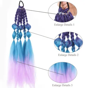 Gradient Multicolor Bubble Braid Wig Ponytail Long Braid Extension Bow Ribbon Synthetic Hair Extension For Women Party Daily Wear