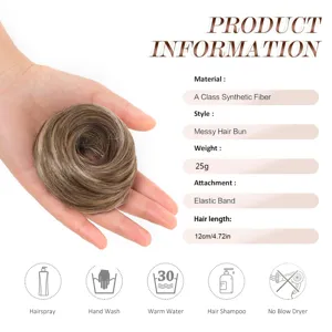 Chignon de cheveux synthétiques en désordre donut avec bande élastique extension naturelle.
