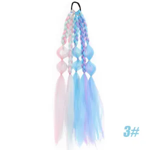 Close-up detail of synthetic gradient colorful bubble braid ponytail hair extension.
