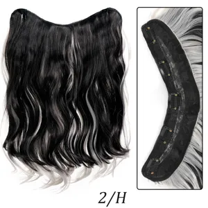 Vue détaillée de l'extension de cheveux synthétiques à 5 clips en V avec mèches noir et argent.