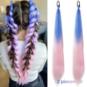 Synthetic colored gradient ponytail hair extensions with metallic tinsel, 26 inches braid hair.