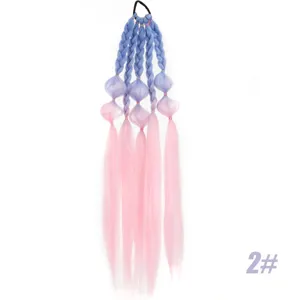 Colorful synthetic gradient bubble braid hair extension detail, blue and pink braided hair piece.