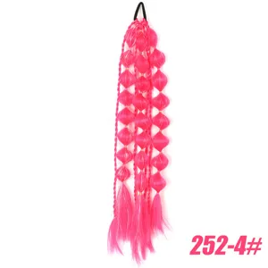 Pink synthetic bubble braid wig ponytail extension, 24 inch colorful hairpiece for styling.
