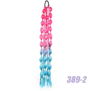 Detailed view of colorful gradient synthetic bubble braid ponytail hair extension piece.