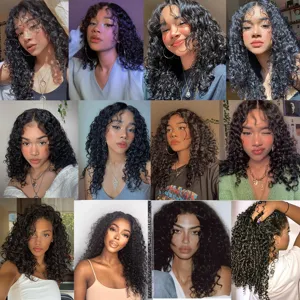 Close-up details of black long curly lace front wig, fluffy synthetic hair styling views.
