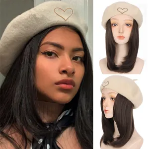 Inverno autunno parrucca sintetica cappello berretto con capelli corti lisci e ricamo cuore.