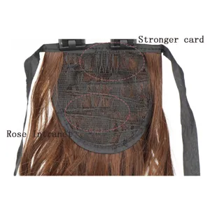Synthetic curly hair ponytail extension inner cap detail, rose net with clips and straps.