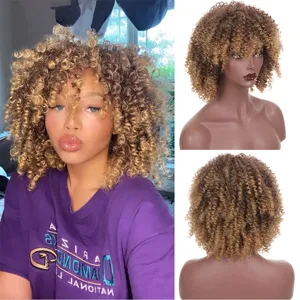 Synthetic short curly afro wig with highlighted blonde and brown gradient for women fashion.