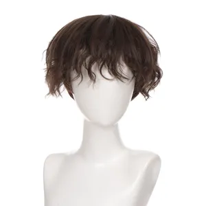 Detailed view of the brown short curly synthetic wig for men, showing hair texture and net cap.