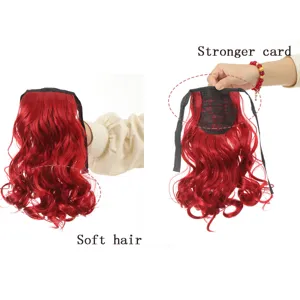 Close-up detail of red wavy synthetic hair ponytail extension showing soft texture and cap.