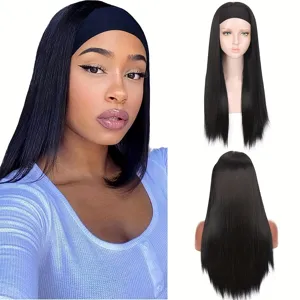Gedetailleerd overzicht van de lange zwarte steile pruik met hoofdband voor een natuurlijke look.