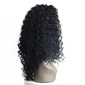 Detailed view of a black long curly lace front wig, showing natural texture and curl volume.