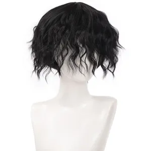 Detail view of men short curly black wig, natural texture synthetic fiber hair display.