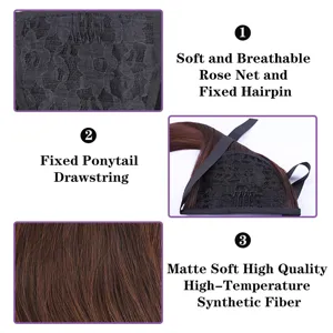 Synthetic ponytail extension detail view showing breathable rose net, hairpin and drawstring base.