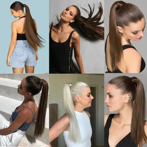 Langes glattes Pferdeschwanz Haarteil Wickelzopf synthetische Haare 60cm für Frauen