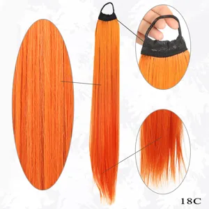 Long straight orange synthetic ponytail hair extension with rubber band tie, 70cm soft hair piece.