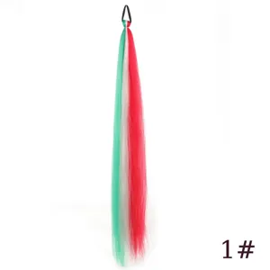 Synthetic hair extension detail, green white red braided ponytail piece, 65cm 50g.