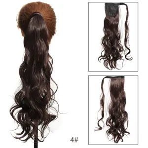 Synthetische golvende paardenstaart haarverlenging met klittenband, donkerbruine kleur.