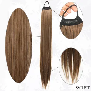 Synthetic hair ponytail extension detail view showing hair texture, elastic band and ends.