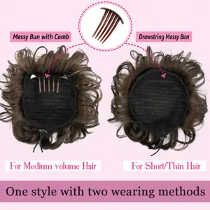 Chignon postiche synthétique avec peigne et cordon de serrage pour coiffure quotidienne.