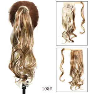 Synthetische golvende paardenstaart extensie wrap om clip haarstukje blond 108#