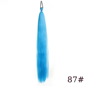 Blue synthetic hair extension ponytail detail view, 65cm length with elastic hair band.