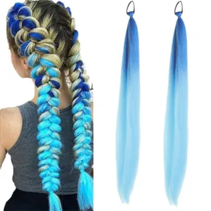Synthetic braided ponytail hair extensions gradient blue hair tie style for women 65cm