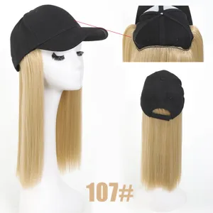 Synthetic wig baseball cap detail view, showcasing the black cap and long straight blonde hair.