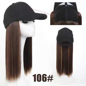 Synthetic wig baseball cap with long straight brown hair attached for daily fashion wear.