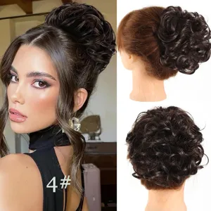 Chignon postiche synthétique bouclé marron foncé coiffure attachée avec peigne pour femme