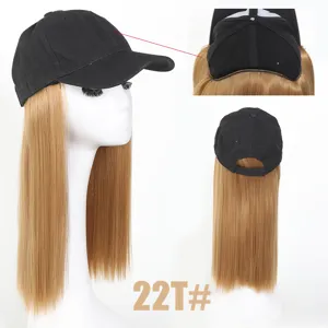 Detailed view of synthetic long straight hair wig baseball cap, inner mesh lining, adjustable.