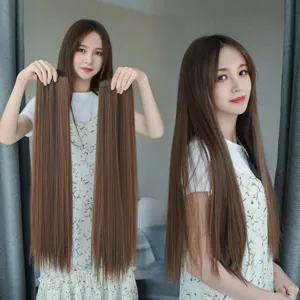Long straight hair extensions detail showcasing smooth texture and seamless clip design.