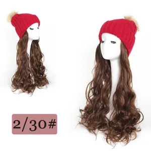 Women winter knit hat with 45cm long wavy synthetic wig, plush pom pom beanie cap.