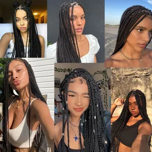 Detailed view of 90cm black box braids crochet wig, lace front hand-woven dreadlocks style.