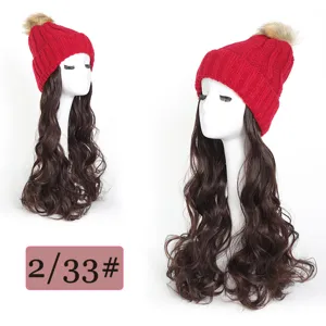 Women knit beanie hat with long wavy synthetic hair wig 45cm winter warm red pom pom