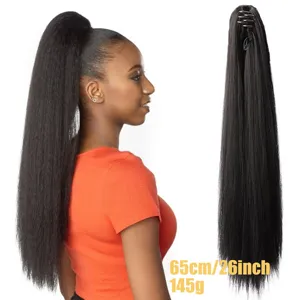 Long straight claw clip ponytail extension, 26 inch synthetic black hair piece for women.