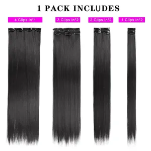 Vista detallada del juego de extensiones de cabello de 7 piezas, pelo sintético liso negro.