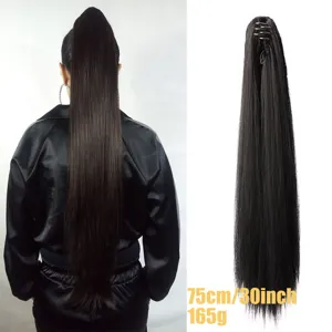 Long straight ponytail hair extension claw clip black synthetic hair 75cm 30inch 165g