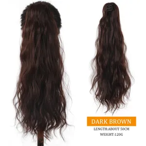 Synthetische paardenstaart extensions met klem, lang golvend donkerbruin haarstuk, 50 cm, 120g.