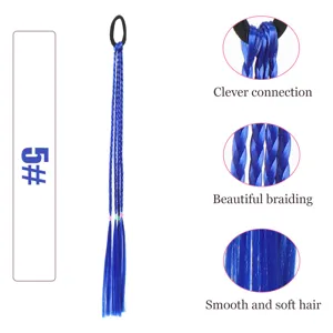 Blue synthetic hair extension braid ponytail tie children hair accessory detail view